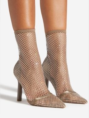 Shoe Dazzle Taupe Mesh Crystal-Embellished Sock Booties
